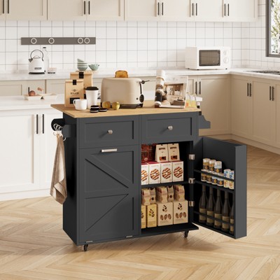 ELECWISH Kitchen Island with Drop Leaf - 2 Storage Drawers, Trash Cabinet, Spice Racks & Locking Wheels