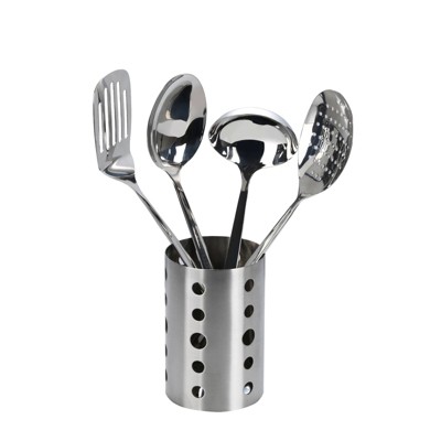 Stainless Steel Kitchen Utensil Set with Holder, 5-Piece Heat Resistant Kitchen Tools Set, Includes Ladle, Skimmer & Serving Spoon, Nonstick Cookware