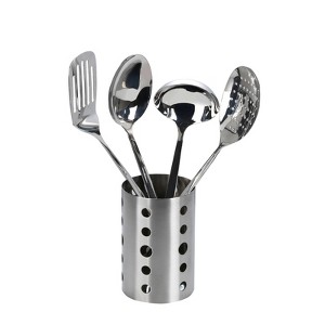 Stainless Steel Kitchen Utensil Set with Holder, 5-Piece Heat Resistant Kitchen Tools Set, Includes Ladle, Skimmer & Serving Spoon, Nonstick Cookware - 1 of 3