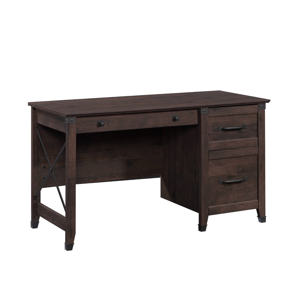 Photos - Office Desk Sauder Carson Forge Desk with 3 Drawers Coffee Oak - : Home Office, Metal R 