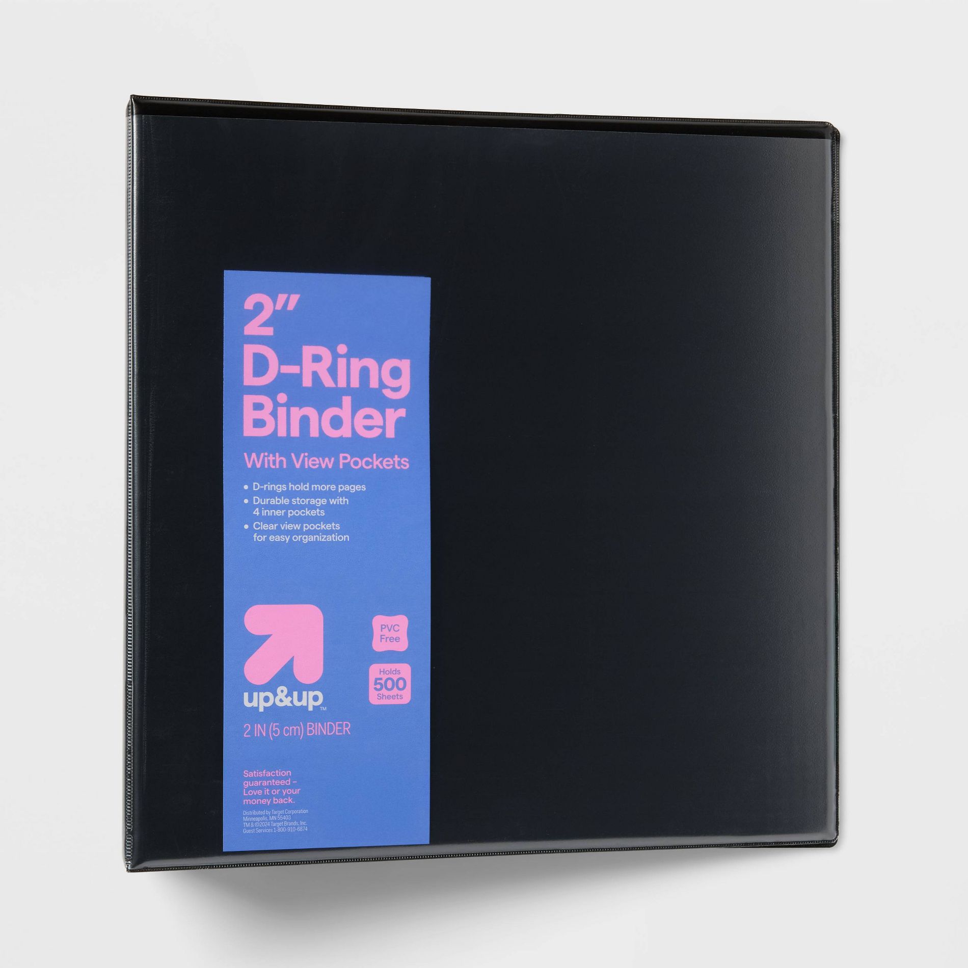 2" 3 Ring Binder Clear View Black - up&up™: 500 Sheet Capacity, D Rings, Internal Pockets, Polypropylene