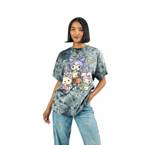 Kuromi, My Melody and Hello Kitty Puff Print Mushroom Scene Women’s Black Cloud Wash Crew Neck Short Sleeve T-shirt - 1 of 3