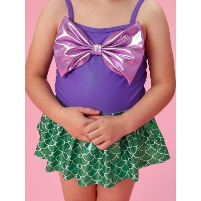RuffleButts Girls UPF50+ Big Bow Skirted One Piece - Shiny Mermaid Princess, 6 — фото 5