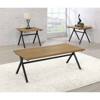 Golden Oak and Gunmetal 3-Piece Rectangular Coffee Table Set
