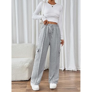 Women's Cargo Sweatpants Fleece High Waisted Wide Leg Pants Athletic Casual Baggy Sweat Pants with Pockets grey,XL - 1 of 4