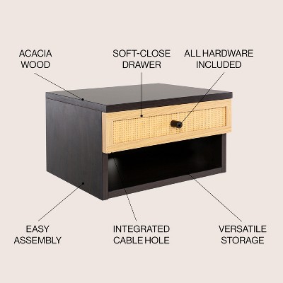 Celerie Black and Light Oak Floating Nightstand with Rattan Drawer