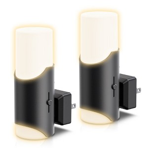YANSUN 2-Pack 1W Black Plug-In Night Lights, Cylindrical Up-Down Wall Lamps with Frosted Long & Short Shades, Sliding Dimming, Warm 3000K - 1 of 1