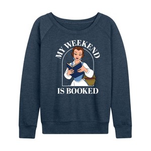 Women's - Disney Princess - Belle My Weekend Is Booked Lightweight French Terry Wide Neck Long Sleeve Shirt - 1 of 4