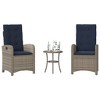 vidaXL 3-Piece Poly Rattan Bistro Set - Adjustable Reclining Chairs with Cushions & Round Table, Weather-Resistant, Gray/Navy Blue - 2 of 4
