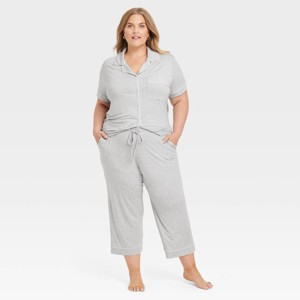 Women's Cloud Knit Short Sleeve Notch Collar Top and Cropped Pants Pajama Set - Auden™ - 1 of 4