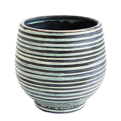 Round Striped Terracotta Planter - Aqua - 3R Studios