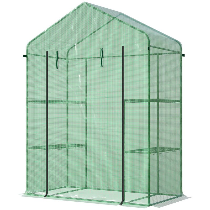 Outsunny 56" x 29" x 77" Mini Walk-in Greenhouse Kit, Portable Green House with 4 Shelves, Roll-Up Door and PE Cover for Backyard Garden, Green, 4 of 7