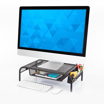 Black Metal Mesh Monitor Stand with Pullout Drawer