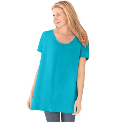 Woman Within Plus Size Perfect Short-Sleeve Shirred U-Neck Tunic