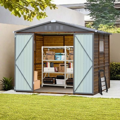 Outdoor Carports and Storage Shed with Iron-Wood Combination, Waterproof & Ventilated Tool Organizer for Backyard, Lawn Equipment and Supplies