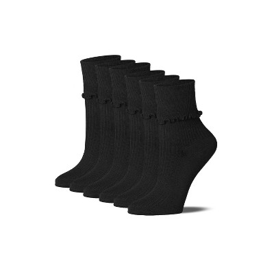 Tipi Toe Womens Black Solid Lettuce Edge Lightweight Crew Length With Cuff Ruffle Socks