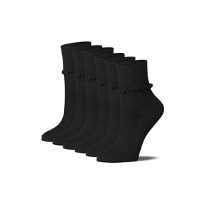 Tipi Toe Womens Black Solid Lettuce Edge Lightweight Crew Length With Cuff Ruffle Socks - 1 of 4