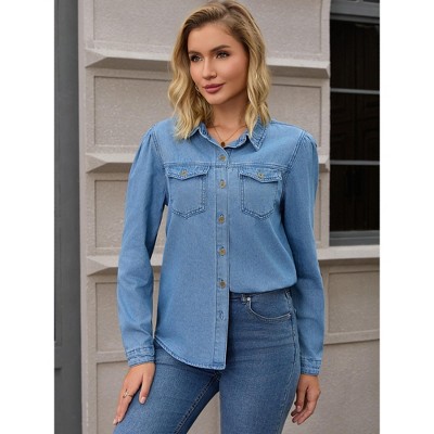 INSPIRE CHIC Women's Denim Puff Long Sleeve Button Down Jean Shirt Jacket Large Blue — фото 3