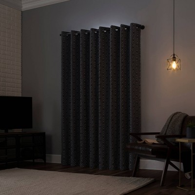 Black Geometric Polyester Blackout Grommet Curtain Panel