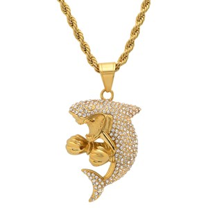 Steeltime 30" Men's stainless steel and simulated diamonds boxing shark pendant. Color Options: Silver, Gold - 1 of 4