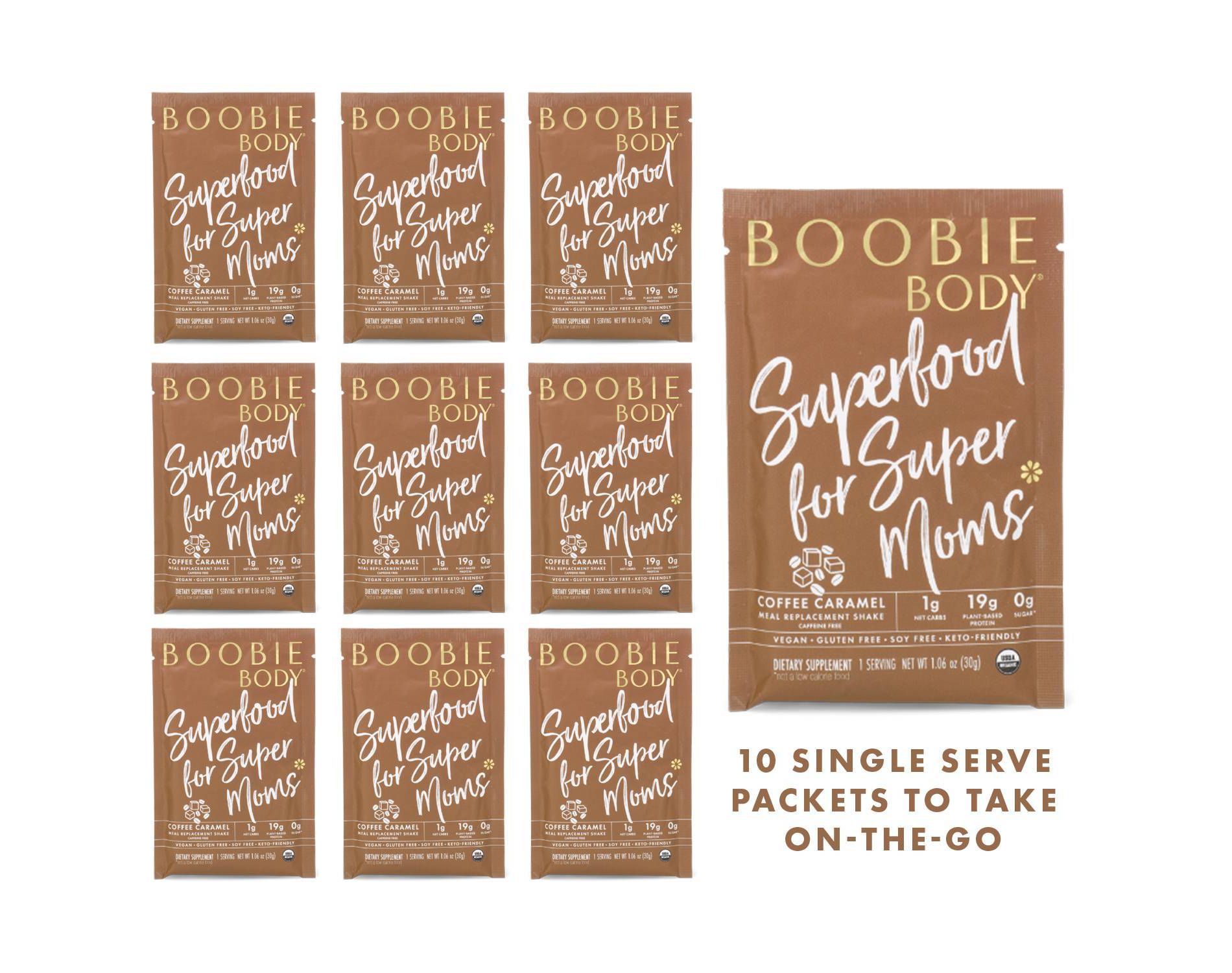 Boobie Body Organic Superfood Plant-Based Protein Shake Coffee Caramel Caffeine Free - 1.03oz -10 Single Serve Packets