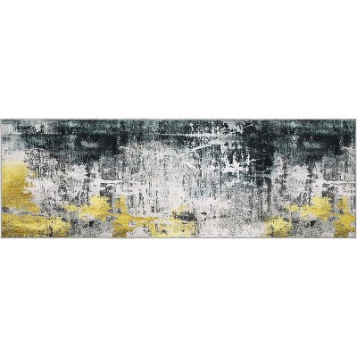 Acekool Washable Boho Area Rug 2x6, Non Slip Low Pile Floral Bedroom Living Room Carpet, Soft Thin Foldable Indoor Mat, Gray