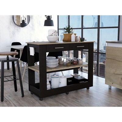 NicBex Mobile Kitchen Island Cart Morden Kitchen Carts with Storage, 2 Shelves, 2 Drawers and Towal Rack for Kitchen, Black and Oak