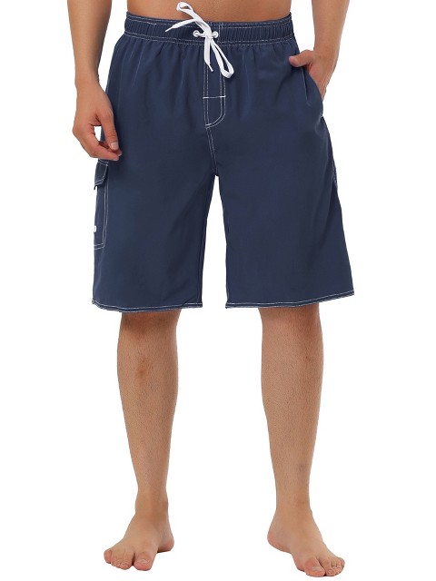 TATT 21 Men's Casual Holiday Solid Color Drawstring Waist Beach Board Shorts Navy Blue 30