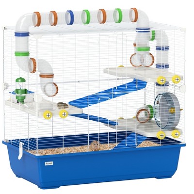 PawHut Hamster Cage, 4 Tier Small Animal Cage Rat Cage with Tunnel Tube System, Hut, Exercise Wheel, Water Bottle, Food Dish, for Syrian, Gerbil, Blue