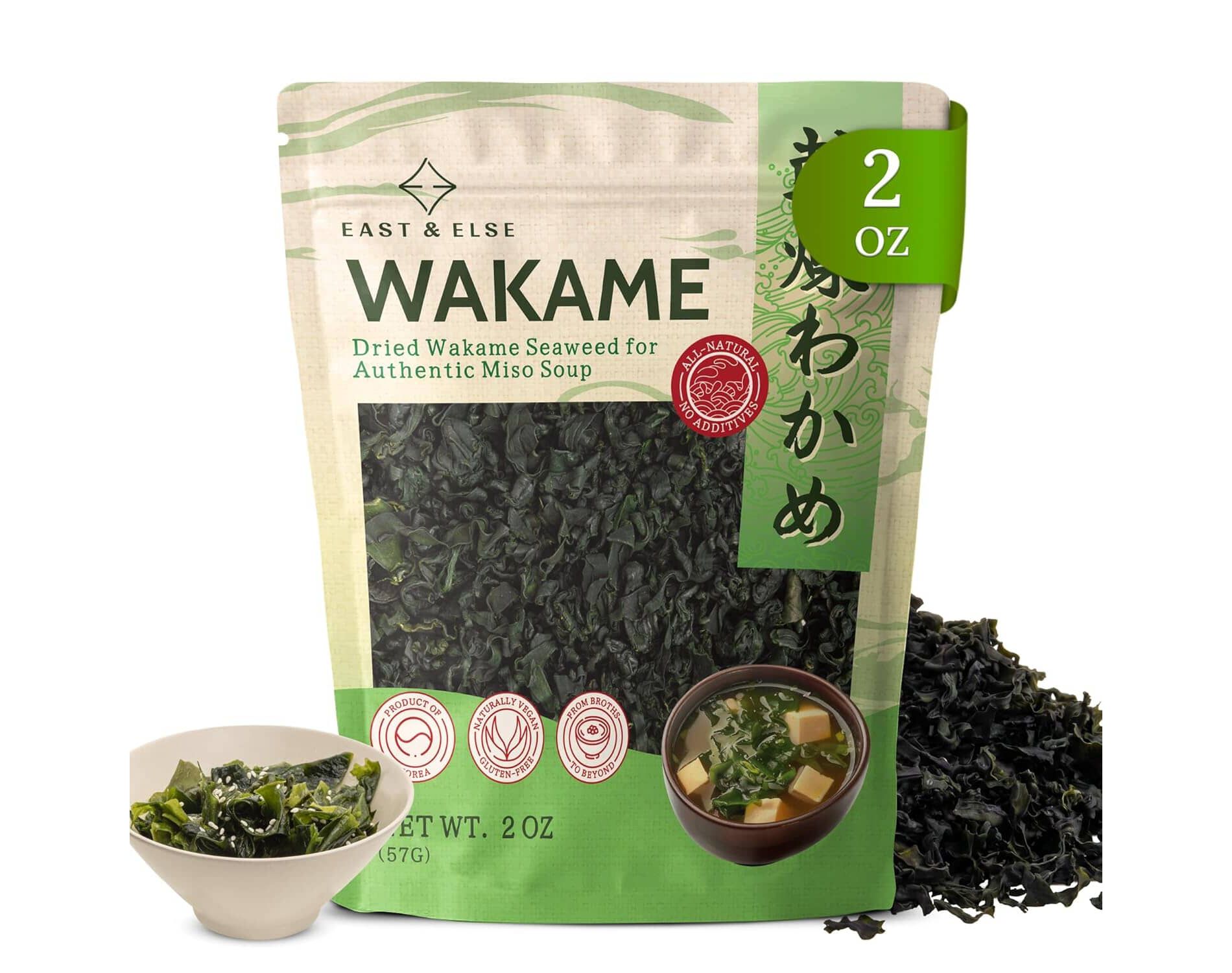 East and Else Wakame Seaweed, Dried Wakame Flakes Green 2 Ounce