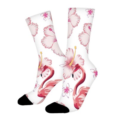Dsane Flamingo With Flowers Women Printed Crew Socks Funny Funky Socks Soft Polyester Novelty Gifts for Artists Men