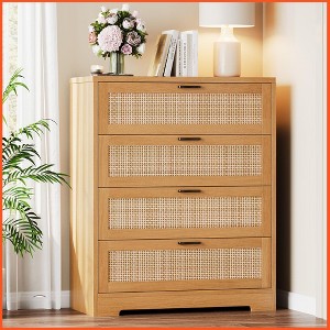 Homhougo Tall Rattan Wooden Dresser with 4 Drawer for Bedroom,Spacious Storage Chest of Drawers with Wide Top,Handles Natural - 1 of 4
