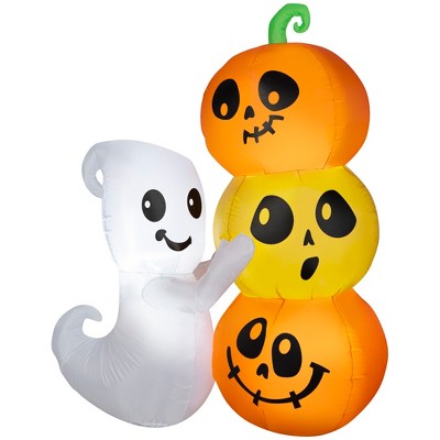 Gemmy Airblown Inflatable Ghost w/Pumpkin Stack Scene, 5 ft Tall, Multi