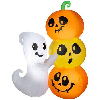 Gemmy Airblown Inflatable Ghost w/Pumpkin Stack Scene, 5 ft Tall, Multi
