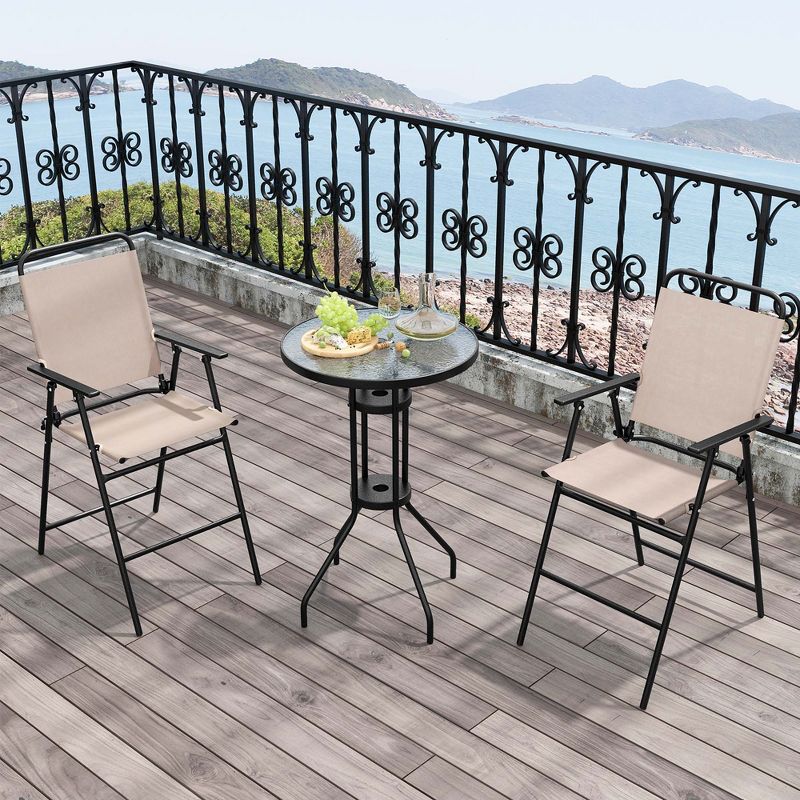 Costway 3PCS Patio Bistro Set Folding Chairs Round Bar Table with 1.6'' Umbrella Hole Yard, 4 of 11