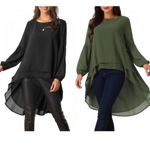 INSPIRE CHIC Women's Lantern Long Sleeve Round Neck High Low Irregular Hem Casual Blouse 2 Packs - 1 of 4