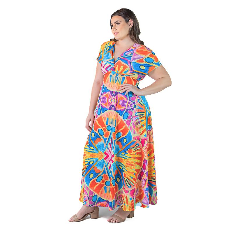 24seven Comfort Apparel Plus Size Multicolor Print V Neck Cap Sleeve Flowy Empire Waist Maxi Dress, 2 of 7