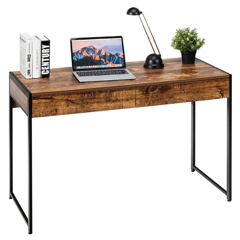 Costway 2-Drawer Computer Desk Study Table Writing Workstation Home Office Brown\Antique\Black, 1 of 11