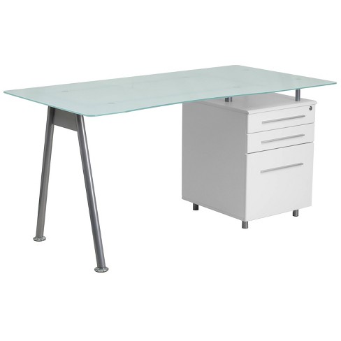 Glass Computer Desk With Three Drawer Pedestal Frosted Glass Top