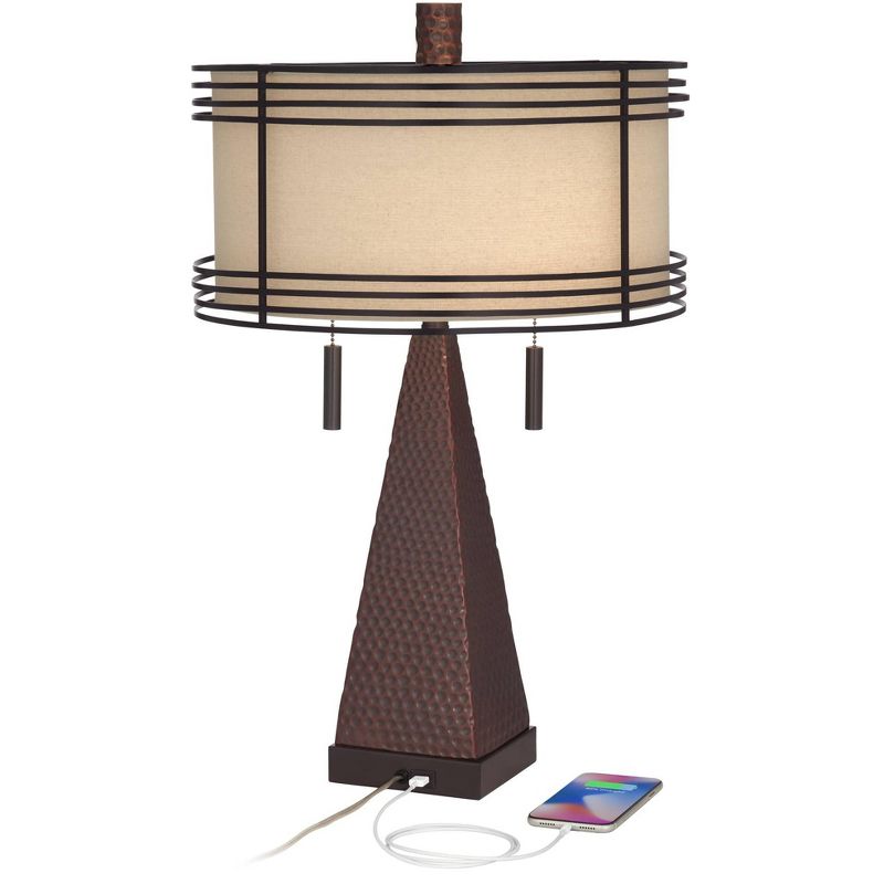 Franklin Iron Works Niklas Industrial Table Lamp 26" High Hammered Bronze with USB Charging Port Double Shade for Bedroom Living Room Bedside Desk, 3 of 10