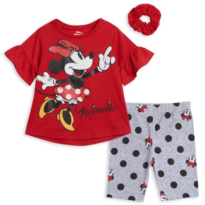 Disney Minnie Mouse Girls Graphic T-Shirt Bike Shorts and Scrunchie 3 Piece Outfit Set Toddler
