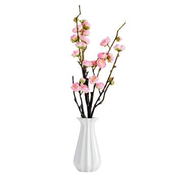 Farmlyn Creek Light Pink Artificial Cherry Blossom Faux Flowers with 5.75" White Ceramic Vase, Fake Plants for Home Decor