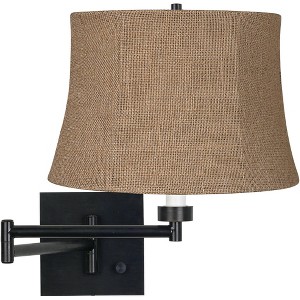 Franklin Iron Works Farmhouse Rustic Swing Arm Wall Lamp Espresso Bronze Plug-in 12" Light Fixture Natural Burlap Drum Shade for Bedroom Bedside - 1 of 3