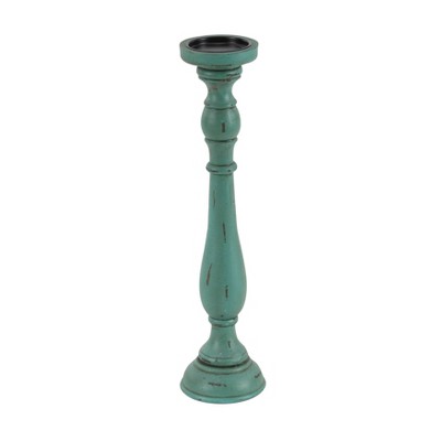 Teal Wood Fluted Pillar Candle Holders Set of 3