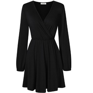 Women's Wrap V Neck Swing Long Sleeve Mini Dress Elastic Waist Fit Flare Dress - 1 of 4