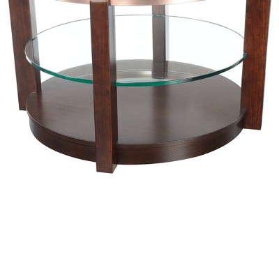 Espresso Round Wood and Glass Coffee Table with Interior Shelf