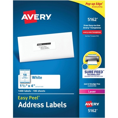 Avery Easy Peel Permanent-Adhesive Address Labels For Laser Printers, 1-1/3 x 4 Inches, White, Box of 1400