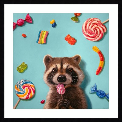 Sweet Tooth Raccoon Turquoise Lithograph Framed Wall Art 25 x 25