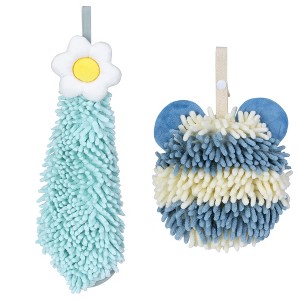 REGALWOVEN Soft Absorbent Cute Fuzzy Hanging Decorative Bathroom Chenille Hand Towel 6" x 15"/7" x 7" 2 Packs - 1 of 4