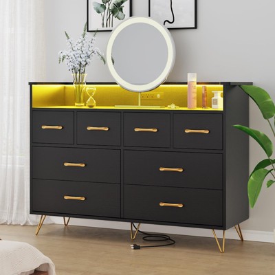 homfan Dresser TV Stand, Dresser for Bedroom Entertainment Center With Storage 8 Drawers Wooden Dressers With Open Space Wide Drawers for Living Room